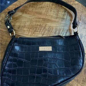bebe Black Croc-Embossed Shoulder Bag with Gold Hardware